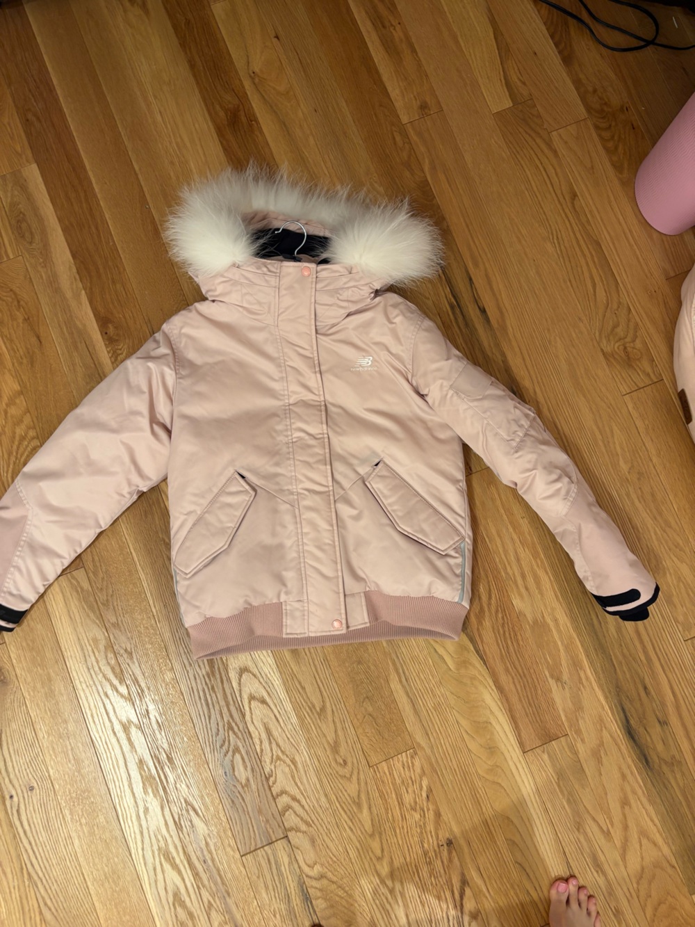NEW BALANCE Light Pink Women's Puffer Jacket with Faux Fur Hood